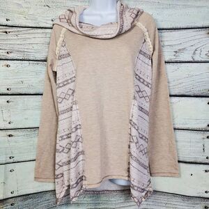 Jolt M Beige Aztec Print Hooded Pullover Long Sleeve Knit Top Boho Lace Detail